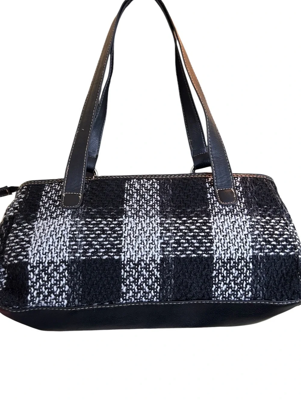 Quiet Luxury - Black & White Plaid - Tweed Texture - Bag with Silver Hardware